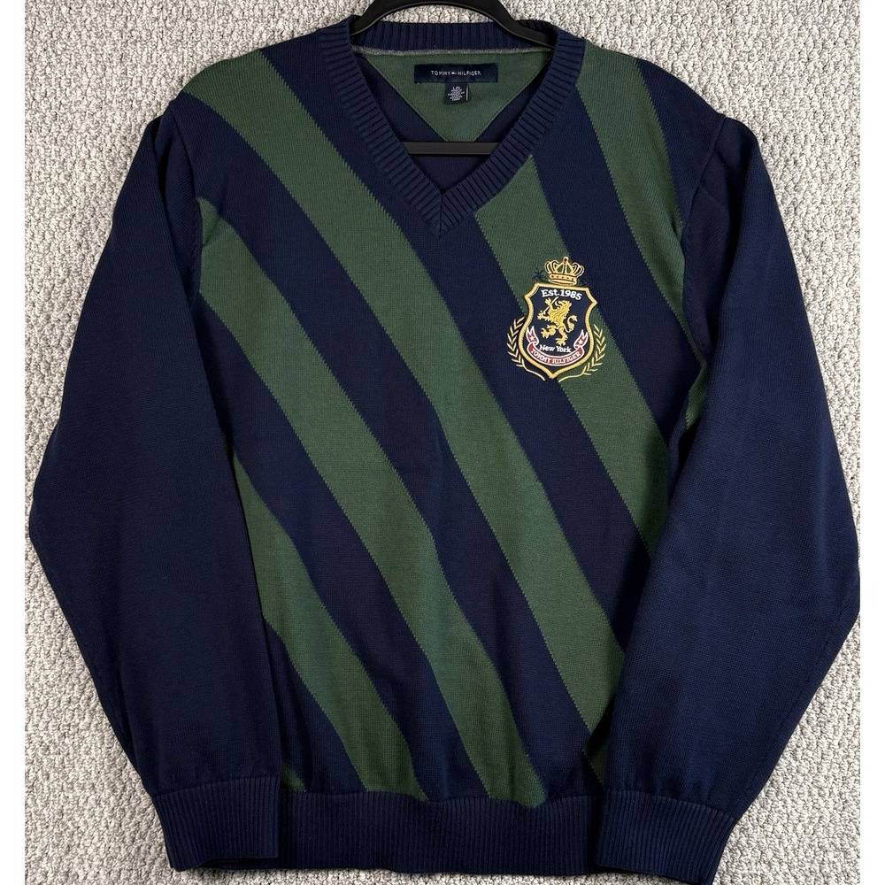 Tommy Hilfiger Ivy League Crest Sweater Mens L V Neck Preppy Rugby Stripe